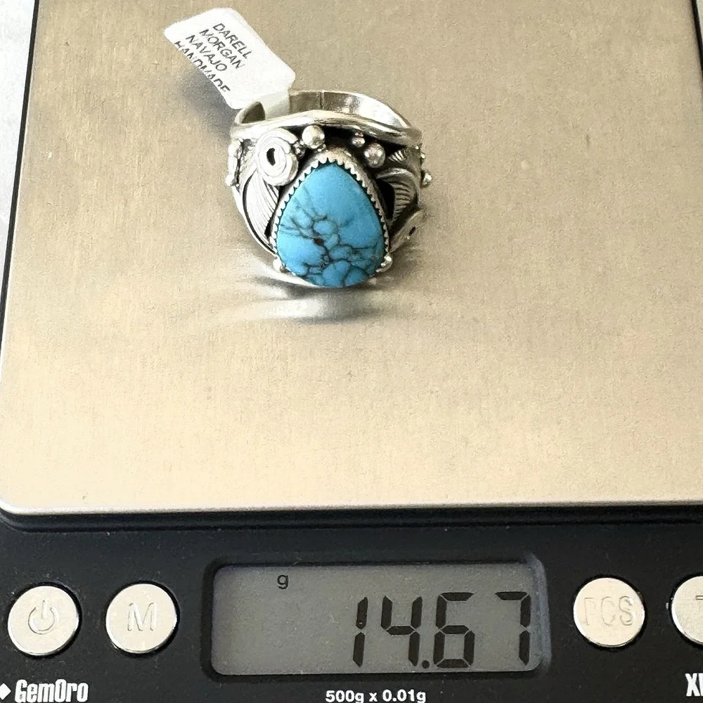 Navajo Mens Ring Sz 13 Turquoise Leaf Feather Signed D Morgan Sterling Native